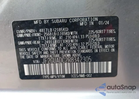 2024 Subaru Crosstrek Premium z USA, uszkodzony, nr VIN JF2GUADC2R8342305